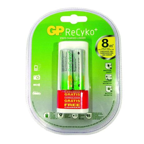 Kit 2 Pilhas AA Recarregável Mais Carregador USB - Gp recyko Menor preço em Kit 2 Pilhas AA Recarregável Mais Carregador USB - Gp recyko