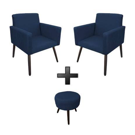 Kit 2 Poltronas Canadá Pé Palito + Puff Mali Suede Azul Marinho - Takeda Estofados Menor preço em Kit 2 Poltronas Canadá Pé Palito + Puff Mali Suede Azul Marinho - Takeda Estofados