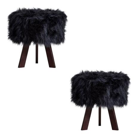 Menor preço em Kit 2 Puffs Olivia Pés Castanho Pelo Sintético Preto - Tecno Mobili