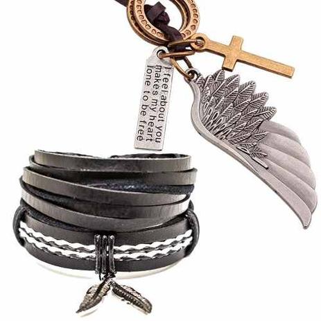 Kit 2 Pulseiras Masculinas Couro, Colar Cordão Asa Anjo - Colleshop Menor preço em Kit 2 Pulseiras Masculinas Couro, Colar Cordão Asa Anjo - Colleshop