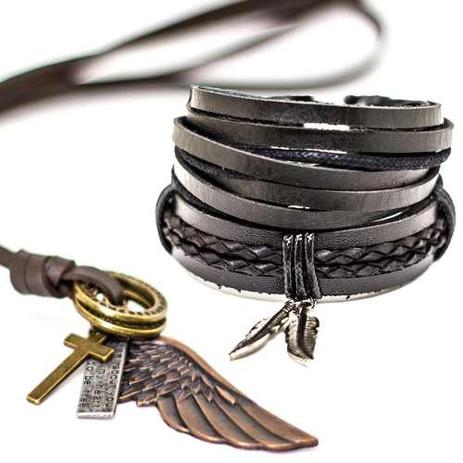 Kit 2 Pulseiras Masculinas Couro E Colar Cordão Asa Anjo - Colleshop Menor preço em Kit 2 Pulseiras Masculinas Couro E Colar Cordão Asa Anjo - Colleshop