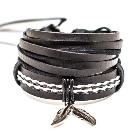 Kit 2 Pulseiras Masculinas Couro em Tiras E Duas Folhas - Colleshop Menor preço em Kit 2 Pulseiras Masculinas Couro em Tiras E Duas Folhas - Colleshop
