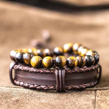 Kit 2 Pulseiras Masculinas Couro Marrom Pedras Olho De Tigre - Colleshop Menor preço em Kit 2 Pulseiras Masculinas Couro Marrom Pedras Olho De Tigre - Colleshop