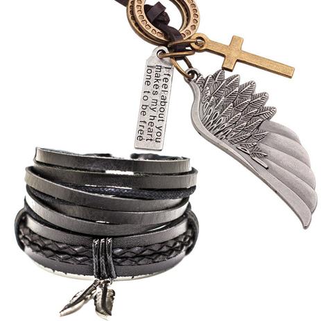 Kit 2 Pulseiras Masculinas De Couro E Colar Cordão Asa Anjo - Colleshop Menor preço em Kit 2 Pulseiras Masculinas De Couro E Colar Cordão Asa Anjo - Colleshop