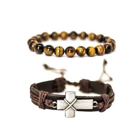 Kit 2 Pulseiras Masculinas De Couro E Pedras Olho De Tigre - Colleshop Menor preço em Kit 2 Pulseiras Masculinas De Couro E Pedras Olho De Tigre - Colleshop