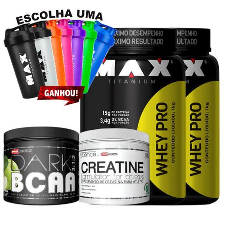 KIt 2 Whey Pro + Creatina + Bcaa dark + Coqueteleira - Max titanium é boa?
