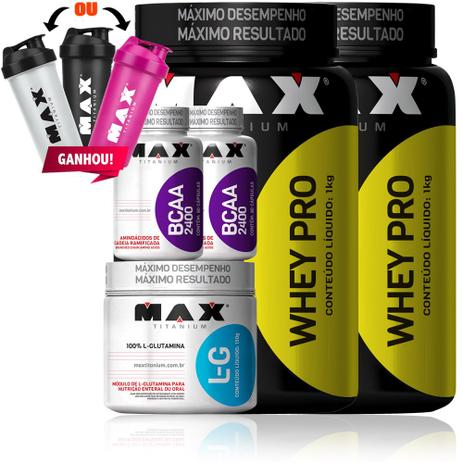 Kit 2 Whey Proten + Glutamina + Bcaa - Max Titanium Menor preço em Kit 2 Whey Proten + Glutamina + Bcaa - Max Titanium