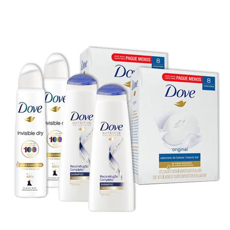 Kit 2UN Dove Invisible Dry 150ml + 2 Pacotes 8UN Sabonete Dove + 2UN Shampoo Dove Reconstrucao 400ml Menor preço em Kit 2UN Dove Invisible Dry 150ml + 2 Pacotes 8UN Sabonete Dove + 2UN Shampoo Dove Reconstrucao 400ml