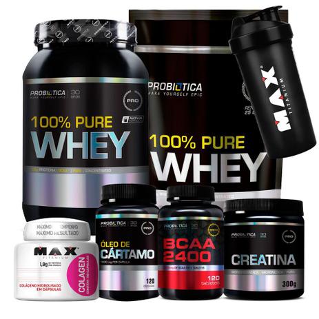Kit 2x 100 Pure Whey + Creatina + Bcaa + Colageno + Cártamo - Max tianium Menor preço em Kit 2x 100 Pure Whey + Creatina + Bcaa + Colageno + Cártamo - Max tianium