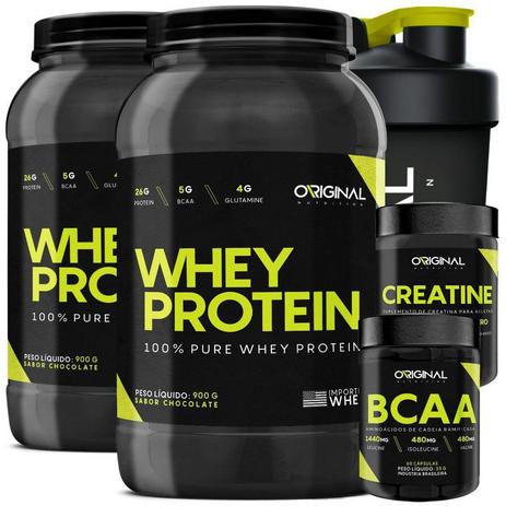 Kit 2x 100 Pure Whey Protein ON + Bcaa + Creatina + Copo - Original nutrition Menor preço em Kit 2x 100 Pure Whey Protein ON + Bcaa + Creatina + Copo - Original nutrition