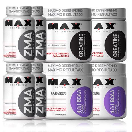 Kit 2x Bcaa Drink 280g + 2x Creatina 300g + 4x Zma 90 cápsulas - Max tianium Menor preço em Kit 2x Bcaa Drink 280g + 2x Creatina 300g + 4x Zma 90 cápsulas - Max tianium