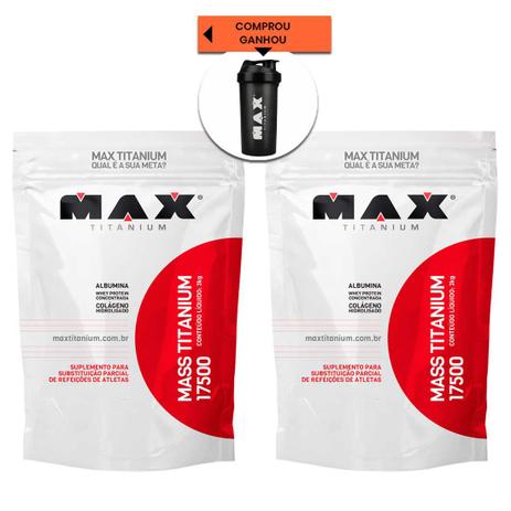 Kit 2x Mass Titanium 3kg (6Kg) + Coquteleira - Max Titanium Menor preço em Kit 2x Mass Titanium 3kg (6Kg) + Coquteleira - Max Titanium