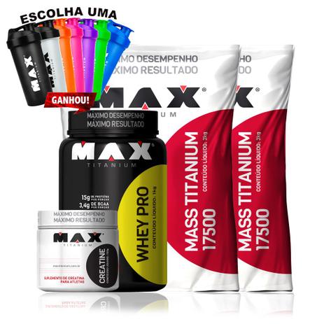 Kit 2x Mass Titanium 3kg + Whey Pro + Creatina + Coqueteleira - Max titanium Menor preço em Kit 2x Mass Titanium 3kg + Whey Pro + Creatina + Coqueteleira - Max titanium