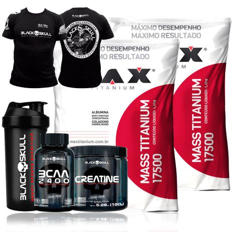 Kit 2x Mass Titanium Bcaa Creatina Caveira + Camiseta Bope - Max tianium Menor preço em Kit 2x Mass Titanium Bcaa Creatina Caveira + Camiseta Bope - Max tianium