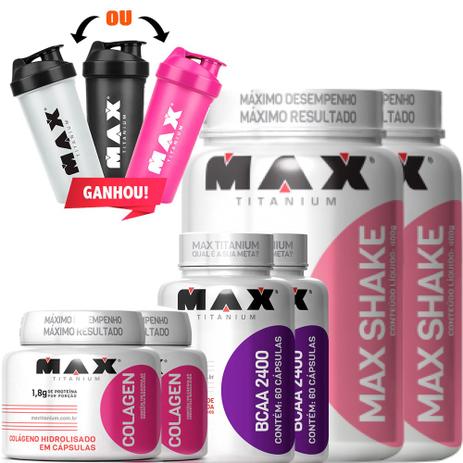 Kit 2x Max Shake 2x Colágeno 2x BCAA 2x Coq - Max Titanium Menor preço em Kit 2x Max Shake 2x Colágeno 2x BCAA 2x Coq - Max Titanium