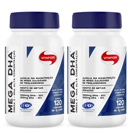 Kit 2x Mega DHA - Ômega 3 de Alta Concentração DHA (1000mg) 120 Cápsulas - Vitafor Menor preço em Kit 2x Mega DHA - Ômega 3 de Alta Concentração DHA (1000mg) 120 Cápsulas - Vitafor