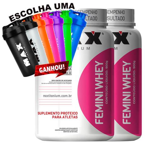 Kit 2x Mulher Femini Whey 900g + Coqueteleira - Max Titanium Menor preço em Kit 2x Mulher Femini Whey 900g + Coqueteleira - Max Titanium