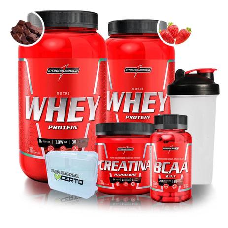 Kit 2x Nutri Whey 907g + Creatina Hardcore 150g + Amino BCAA 2:1:1 90 Cápsulas + Coqueteleira + Porta Cápsulas - IntegralMedica Menor preço em Kit 2x Nutri Whey 907g + Creatina Hardcore 150g + Amino BCAA 2:1:1 90 Cápsulas + Coqueteleira + Porta Cápsulas - IntegralMedica
