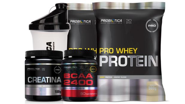 Kit 2x Pro Whey 500g + BCAA 60 cáps + Creatina 100g + Shaker - Probiotica Menor preço em Kit 2x Pro Whey 500g + BCAA 60 cáps + Creatina 100g + Shaker - Probiotica