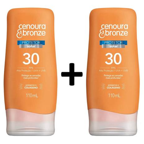 Kit 2x Protetor Solar Cenoura & Bronze FPS 30 110ml Com Vitamina E Preserva o Colágeno Alta Proteção UVA + UVB Menor preço em Kit 2x Protetor Solar Cenoura & Bronze FPS 30 110ml Com Vitamina E Preserva o Colágeno Alta Proteção UVA + UVB