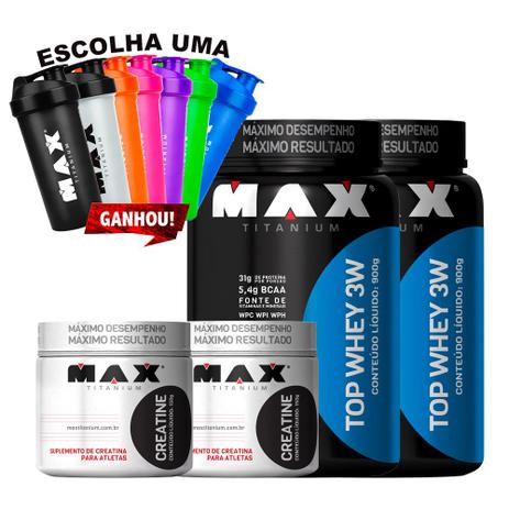 kit 2x Top Whey 3w + 2x Creatine 150g + Coqueteleira - Max titanium Menor preço em kit 2x Top Whey 3w + 2x Creatine 150g + Coqueteleira - Max titanium