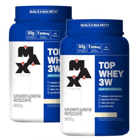 Kit 2x Top Whey Protein 3w Performance Chocolate 900g Max Titanium Menor preço em Kit 2x Top Whey Protein 3w Performance Chocolate 900g Max Titanium