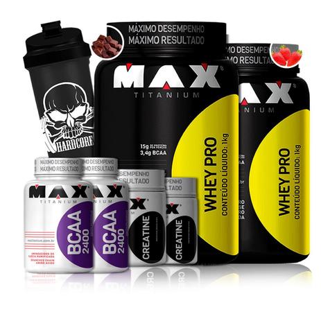 Kit 2x Whey Pro 1kg + 2 Bcaa 2400 + 2x Creatina + Coq - Max Titanium Menor preço em Kit 2x Whey Pro 1kg + 2 Bcaa 2400 + 2x Creatina + Coq - Max Titanium