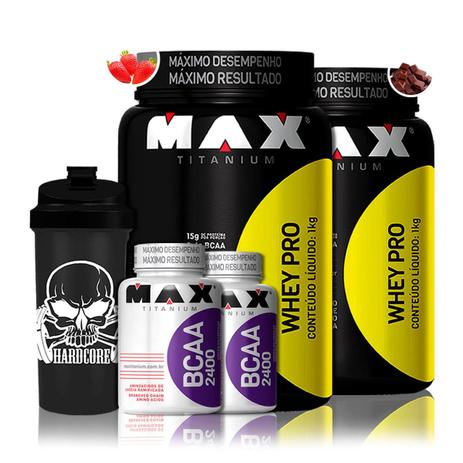 Kit 2x Whey Pro 1kg + 2x Bcaa 2400 + Coq - Max Titanium Menor preço em Kit 2x Whey Pro 1kg + 2x Bcaa 2400 + Coq - Max Titanium