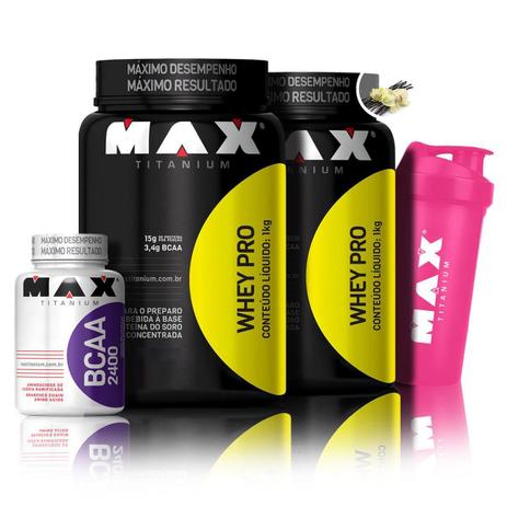 Kit 2x Whey Pro + Bcaa 2400 + Coqueteleira - Max Titanium Menor preço em Kit 2x Whey Pro + Bcaa 2400 + Coqueteleira - Max Titanium