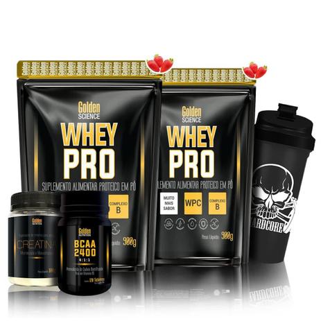 Kit 2x Whey Pro + Bcaa 2400 + Creatina + Shaker - Golden Science Menor preço em Kit 2x Whey Pro + Bcaa 2400 + Creatina + Shaker - Golden Science