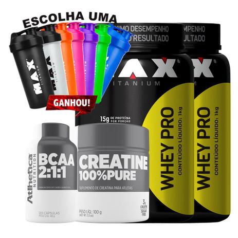 Kit 2x Whey Pro + Creatina 100 pure + Bcaa 2:1:1 + Coque - Max titanium Menor preço em Kit 2x Whey Pro + Creatina 100 pure + Bcaa 2:1:1 + Coque - Max titanium