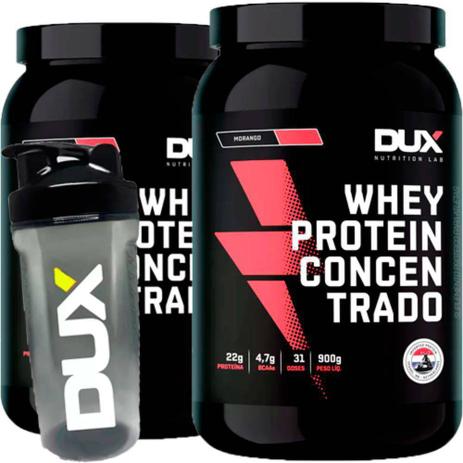 Kit 2x Whey Protein Conc choc./morango900g + Shaker - Dux Menor preço em Kit 2x Whey Protein Conc choc./morango900g + Shaker - Dux
