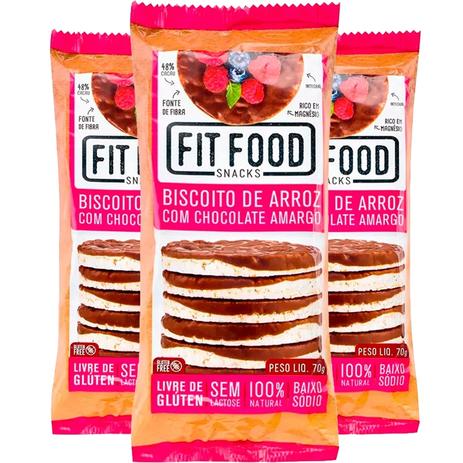 Kit 3 Biscoito de Arroz C/ Chocolate Amargo Fit Food 70g Menor preço em Kit 3 Biscoito de Arroz C/ Chocolate Amargo Fit Food 70g