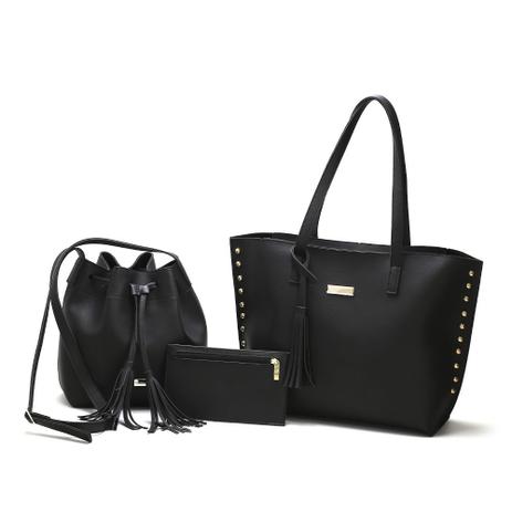 Kit 3 Bolsas Saco e Tote Feminina Lisa Com Necessaire Preto – CALFER