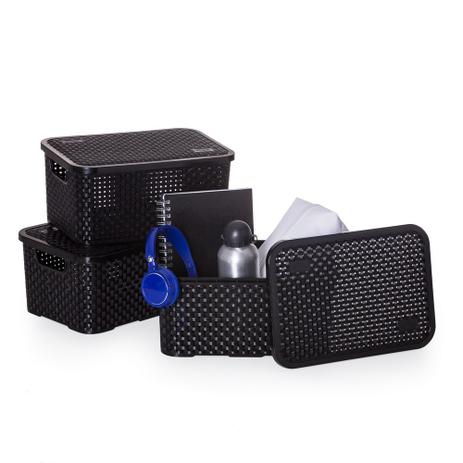 Kit 3 Caixas Organizadoras Rattan Médio C/ Tampa 12l Preto - Nitron Menor preço em Kit 3 Caixas Organizadoras Rattan Médio C/ Tampa 12l Preto - Nitron