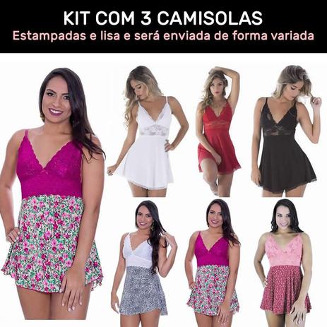 Kit 3 Camisolas Estampadas em Liganete e Renda - ES103K - Estilo sedutor Menor preço em Kit 3 Camisolas Estampadas em Liganete e Renda - ES103K - Estilo sedutor