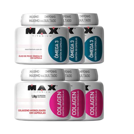 Kit 3 Colageno - 100 caps + 3 ômega 3 90 caps - Max Titanium Menor preço em Kit 3 Colageno - 100 caps + 3 ômega 3 90 caps - Max Titanium