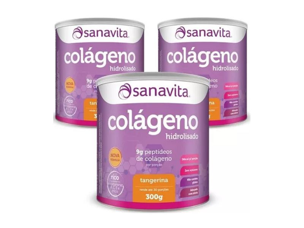 Kit 3 Colágeno Hidrolisado em Pó Tangerina Sanavita 300g Menor preço em Kit 3 Colágeno Hidrolisado em Pó Tangerina Sanavita 300g