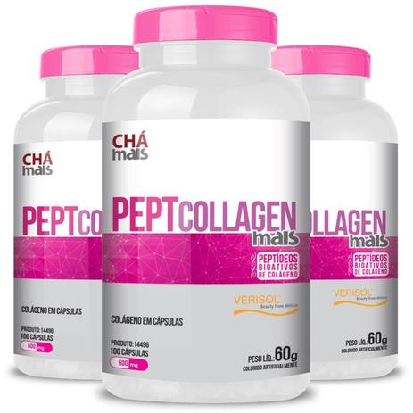 Menor preço em Kit 3 colágeno peptcollagen 600mg chá mais 100 cápsulas