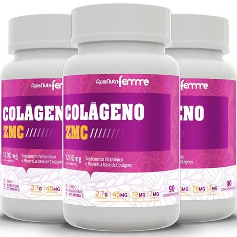Kit 3 colágeno zmc apisnutri femme 1200mg 90 comp Menor preço em Kit 3 colágeno zmc apisnutri femme 1200mg 90 comp