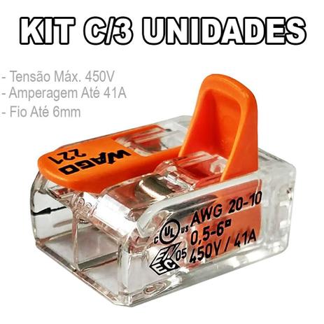 Kit 3 Conector Wago Emenda 2 Fios Mod. 221-612 Menor preço em Kit 3 Conector Wago Emenda 2 Fios Mod. 221-612