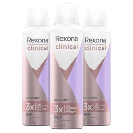 Kit 3 Desodorante Feminino Rexona Clinical Extra Dry Aerosol 150ml Menor preço em Kit 3 Desodorante Feminino Rexona Clinical Extra Dry Aerosol 150ml