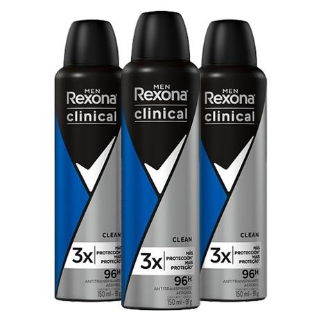 Kit 3 Desodorante Masculino Rexona Clinical Aerosol 150ml Menor preço em Kit 3 Desodorante Masculino Rexona Clinical Aerosol 150ml