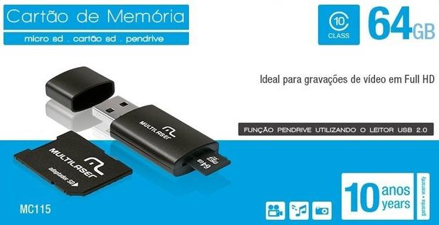 Kit 3 em 1 64Gb cartão de memoria + adaptador MC115 - Multilaser Menor preço em Kit 3 em 1 64Gb cartão de memoria + adaptador MC115 - Multilaser