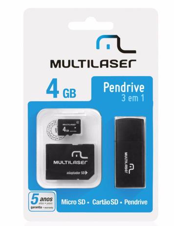 Kit 3 em 1 Pendrive + Adaptador SD + Cartão De Memória Classe 4 com Trava de Segurança 4GB Preto Multilaser - MC057 Menor preço em Kit 3 em 1 Pendrive + Adaptador SD + Cartão De Memória Classe 4 com Trava de Segurança 4GB Preto Multilaser - MC057