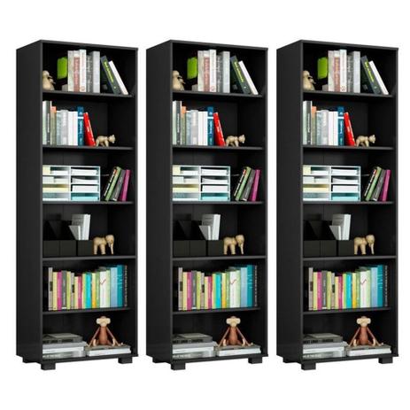 Kit 3 Estantes Livreiro 6 Prateleiras Office Preto Móveis Leão Menor preço em Kit 3 Estantes Livreiro 6 Prateleiras Office Preto Móveis Leão