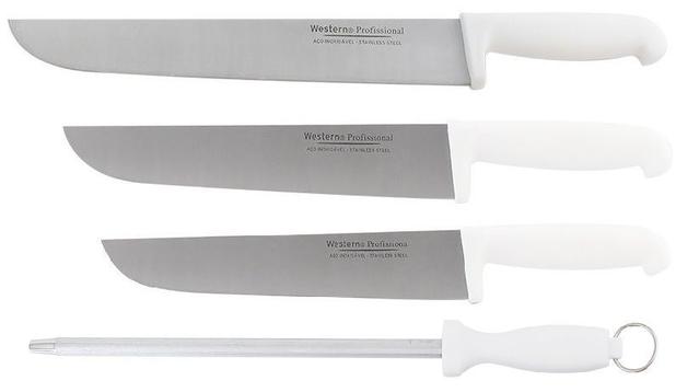 Kit 3 Facas Açougueiro Para Carne 8 10 e 12 Polegadas E Chaira Estriada 10 Polegadas Cabo Branco Em Inox Profissional Western FC81012CH10WESTERN Menor preço em Kit 3 Facas Açougueiro Para Carne 8 10 e 12 Polegadas E Chaira Estriada 10 Polegadas Cabo Branco Em Inox Profissional Western FC81012CH10WESTERN