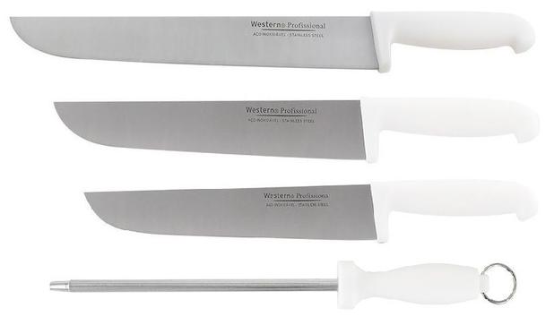 Kit 3 Facas Açougueiro Para Carne 8 10 e 12 Polegadas E Chaira Estriada 8 Polegadas Cabo Branco Em Inox Profissional Western FC81012CH8WESTERN Menor preço em Kit 3 Facas Açougueiro Para Carne 8 10 e 12 Polegadas E Chaira Estriada 8 Polegadas Cabo Branco Em Inox Profissional Western FC81012CH8WESTERN