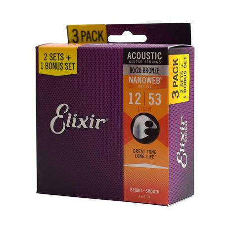 Kit 3 jogos de cordas violão aço elixir 012 light bronze 80/20 nanoweb pack Menor preço em Kit 3 jogos de cordas violão aço elixir 012 light bronze 80/20 nanoweb pack