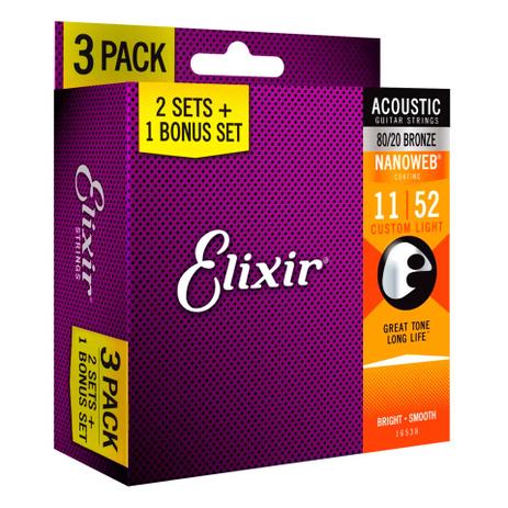 kit 3 jogos de cordas VIOLÃO ELIXIR 011 CUSTOM LIGHT 80/20 BRONZE PACK LEVE 3 PAGUE 2 (10215) Menor preço em kit 3 jogos de cordas VIOLÃO ELIXIR 011 CUSTOM LIGHT 80/20 BRONZE PACK LEVE 3 PAGUE 2 (10215)